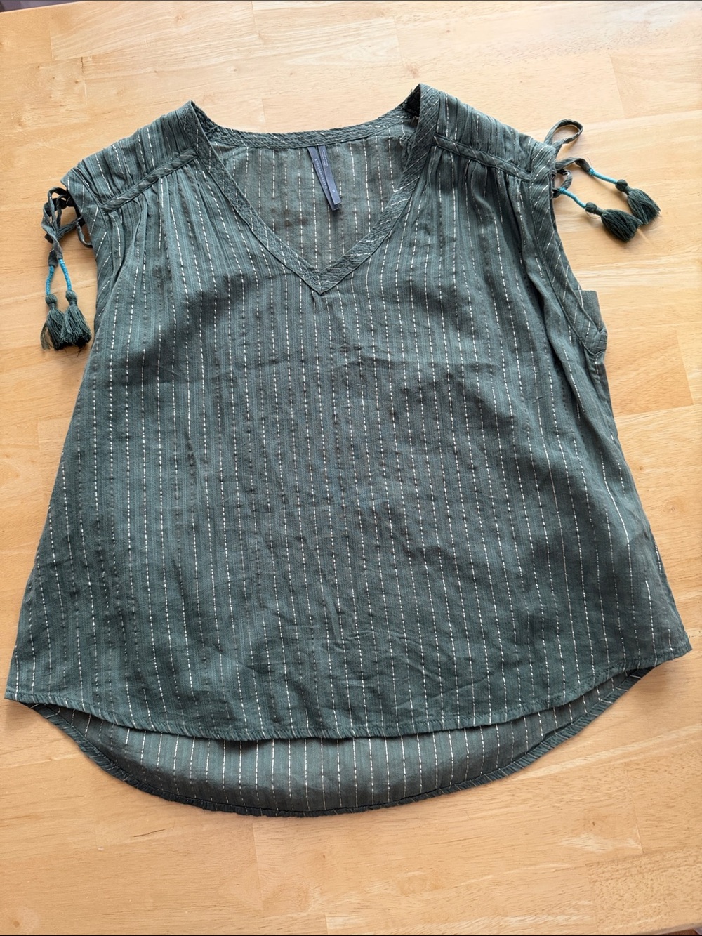 Anthropologie Olive Green V-Neck Tassel sleeveless top
